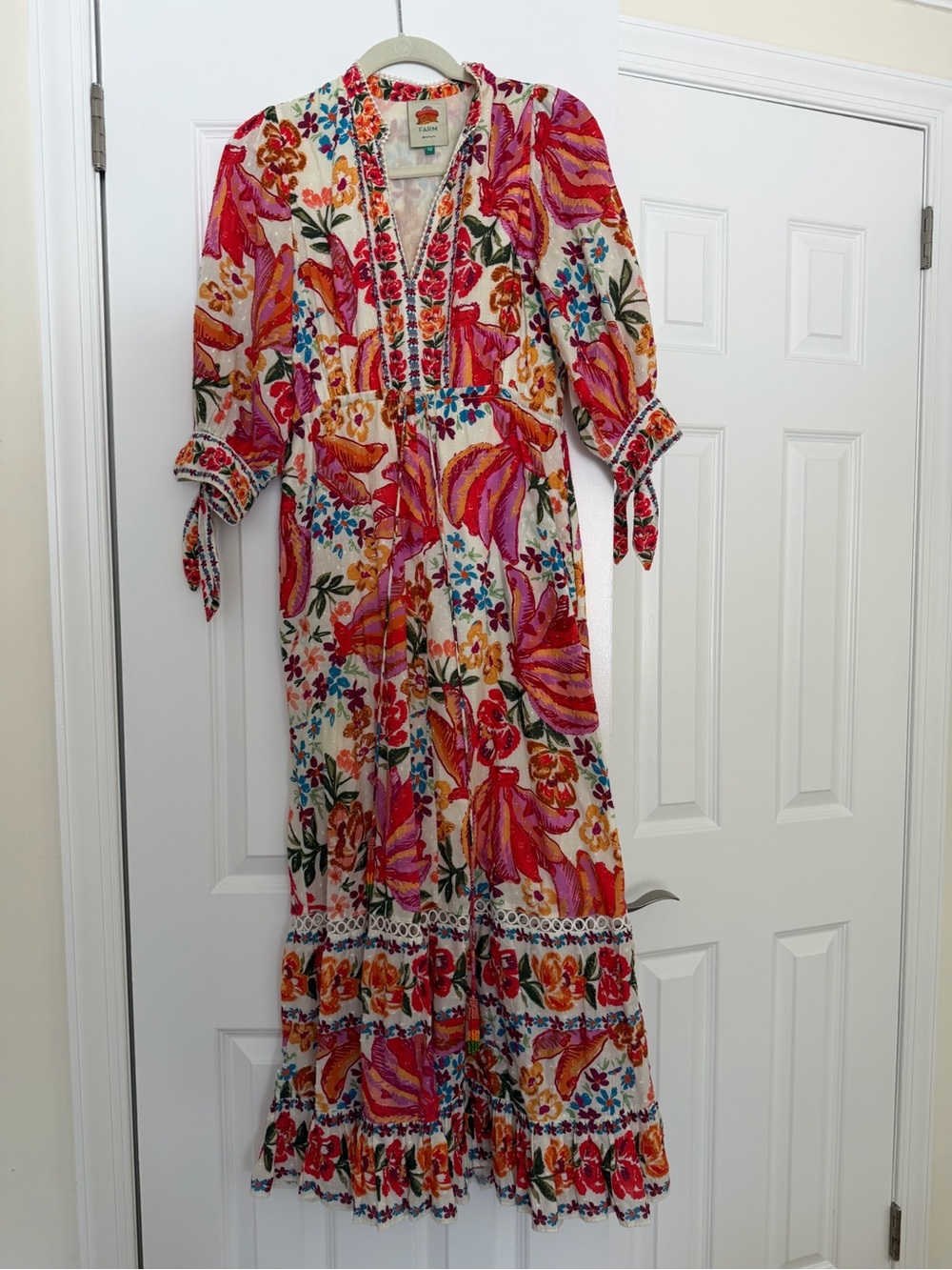 Farm Rio Floral Maxi Dress with Tie Sleeves - Pink & Multi